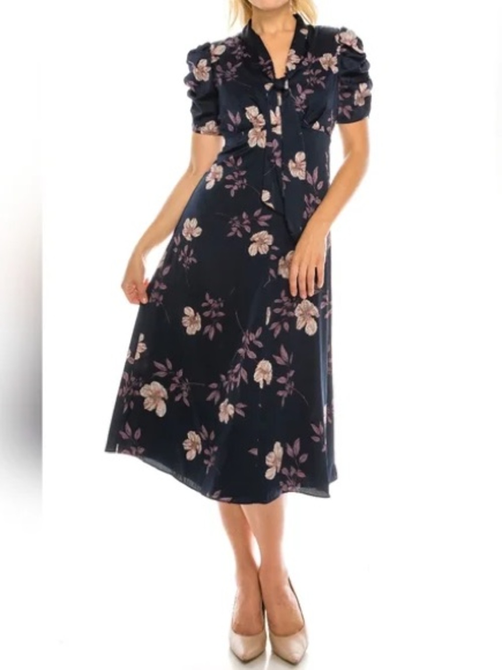Maggy London Navy Floral Midi Dress Puff Sleeve Tie Neck Size 2 Romantic